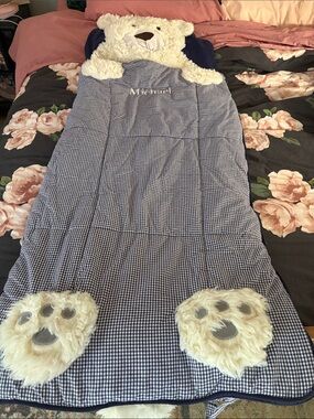 🍓 POTTERY BARN KIDS shaggy head blue gingham sleeping bag “ MICHAEL “